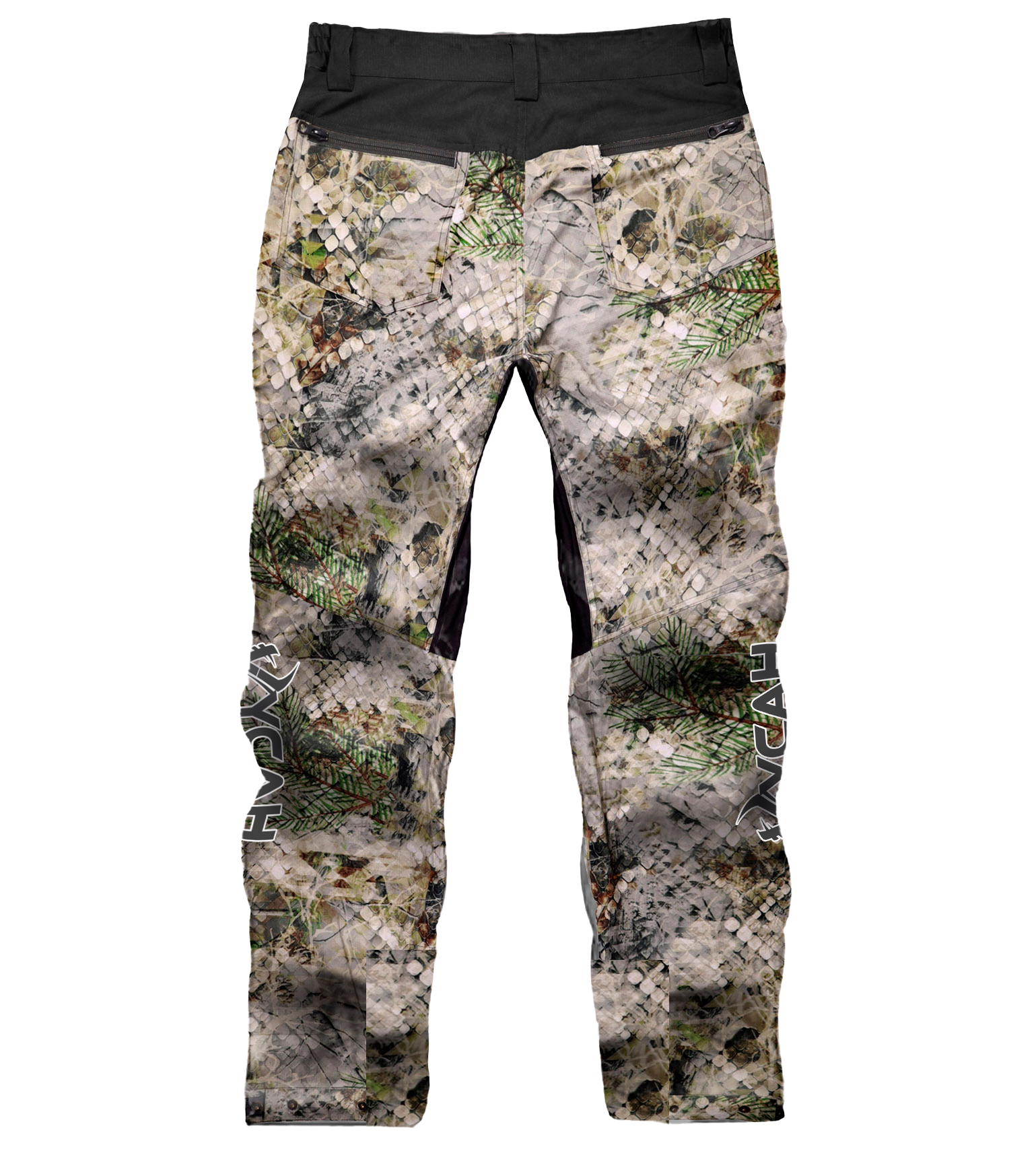 Camo hunting pants with pine needle pattern, black waistband, and reinforced knees for outdoor use