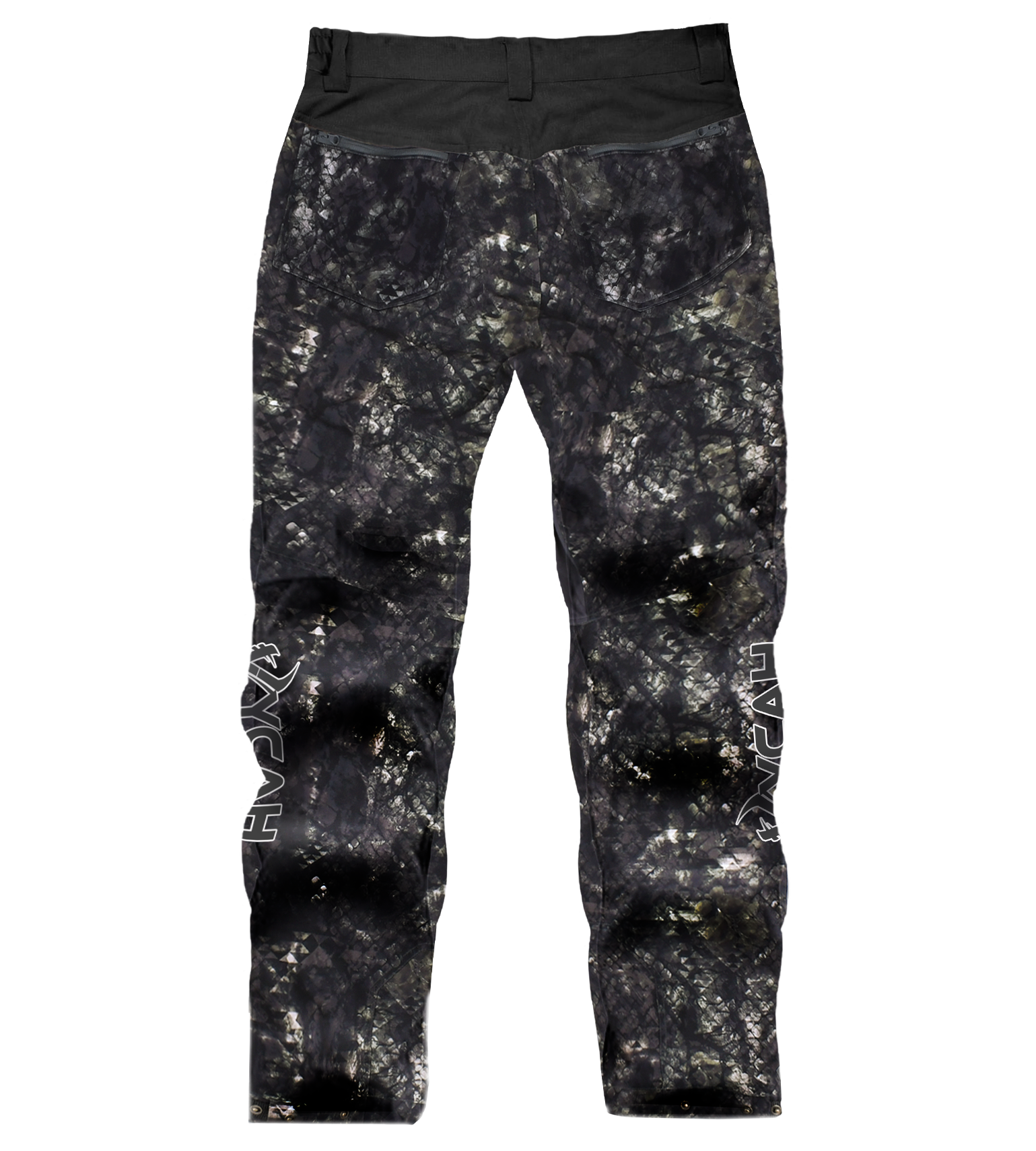 Black and gray camo hunting pants with rear pockets and side logos, designed for outdoor stealth and durability.