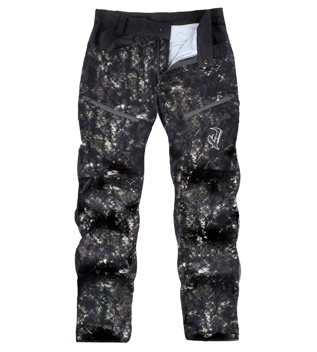Black camo hunting pants with zippered pockets and reinforced knees for outdoor use