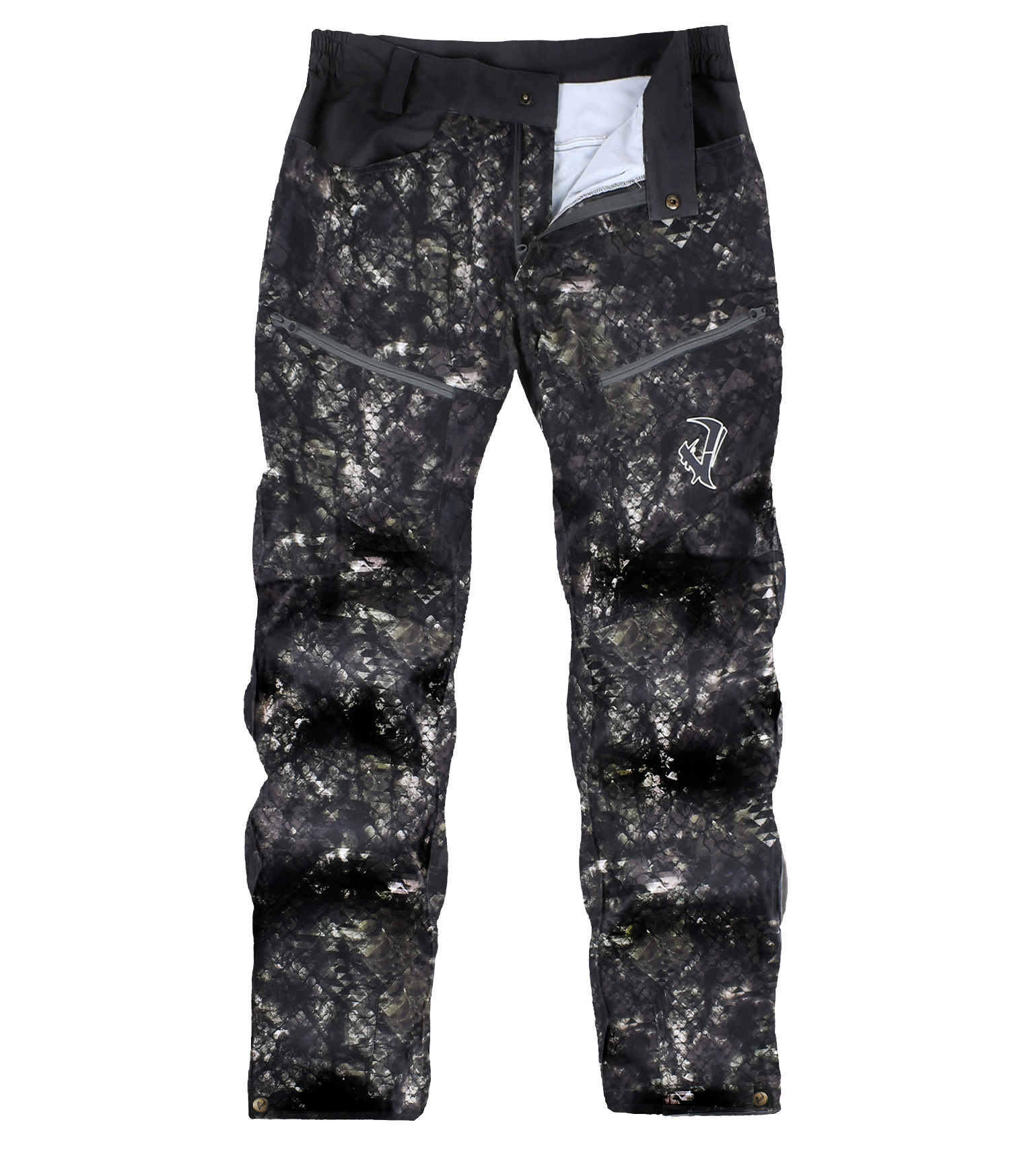 Black camo hunting pants with zippered pockets and reinforced knees for outdoor use