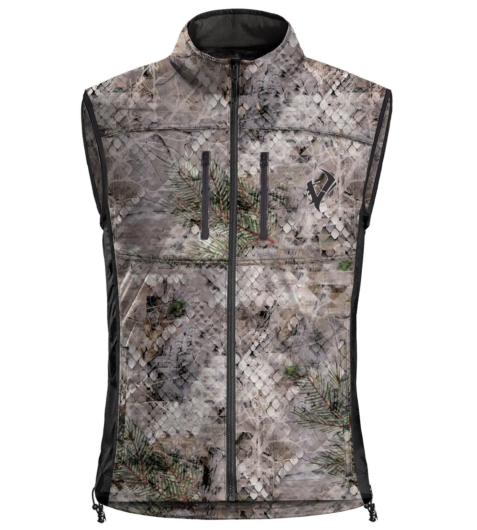 Vycah Kinsley Vest in Fall camo, front view with double-zip chest pockets and black fleece collar