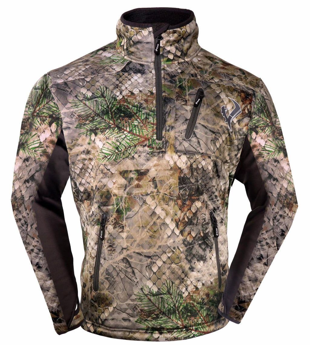 Vycah Kinsley quarter-zip pullover in Fall camo, front view with zippered chest pocket and dark sleeves