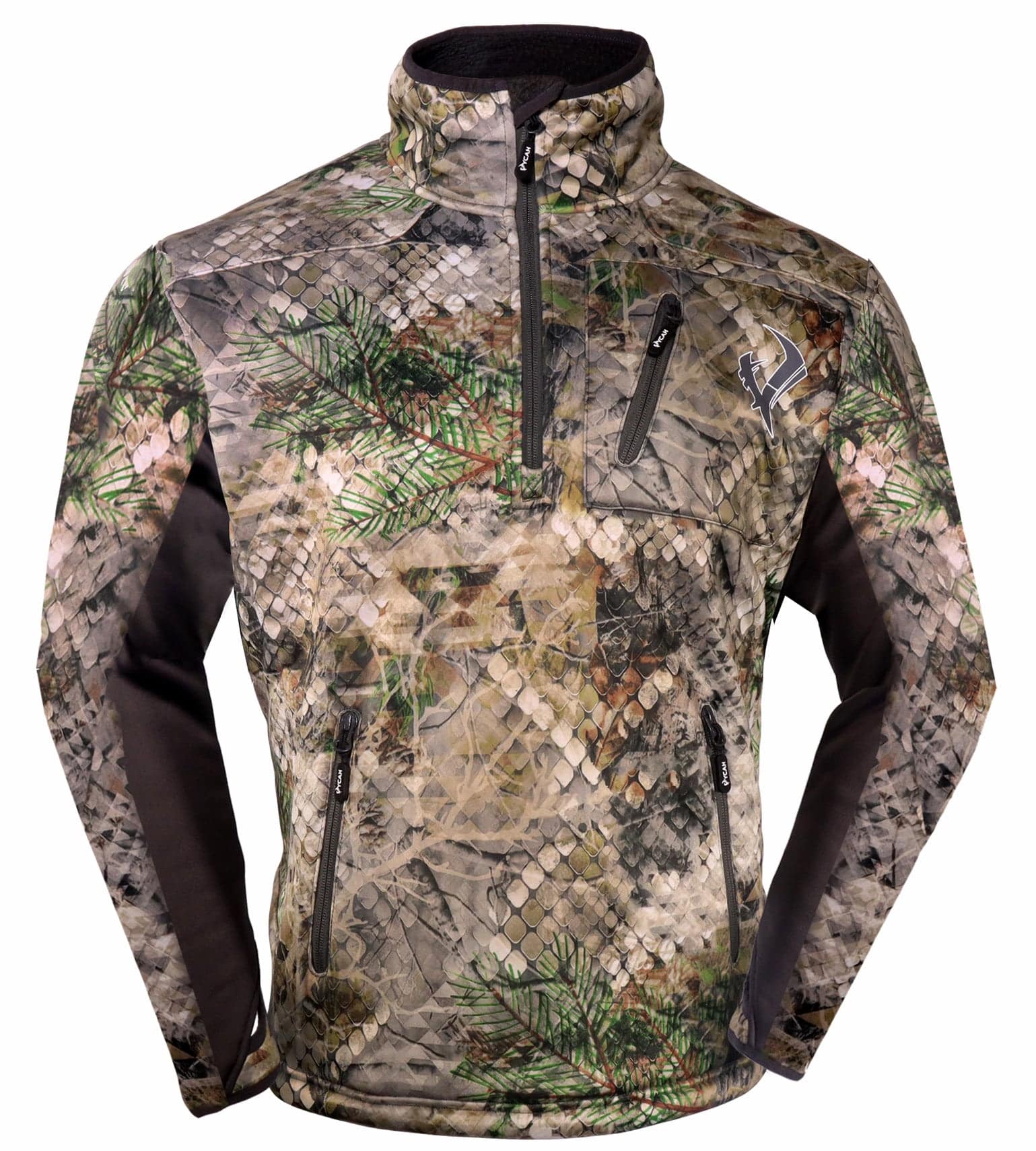 Vycah Kinsley quarter-zip pullover in Fall camo, front view with zippered chest pocket and dark sleeves