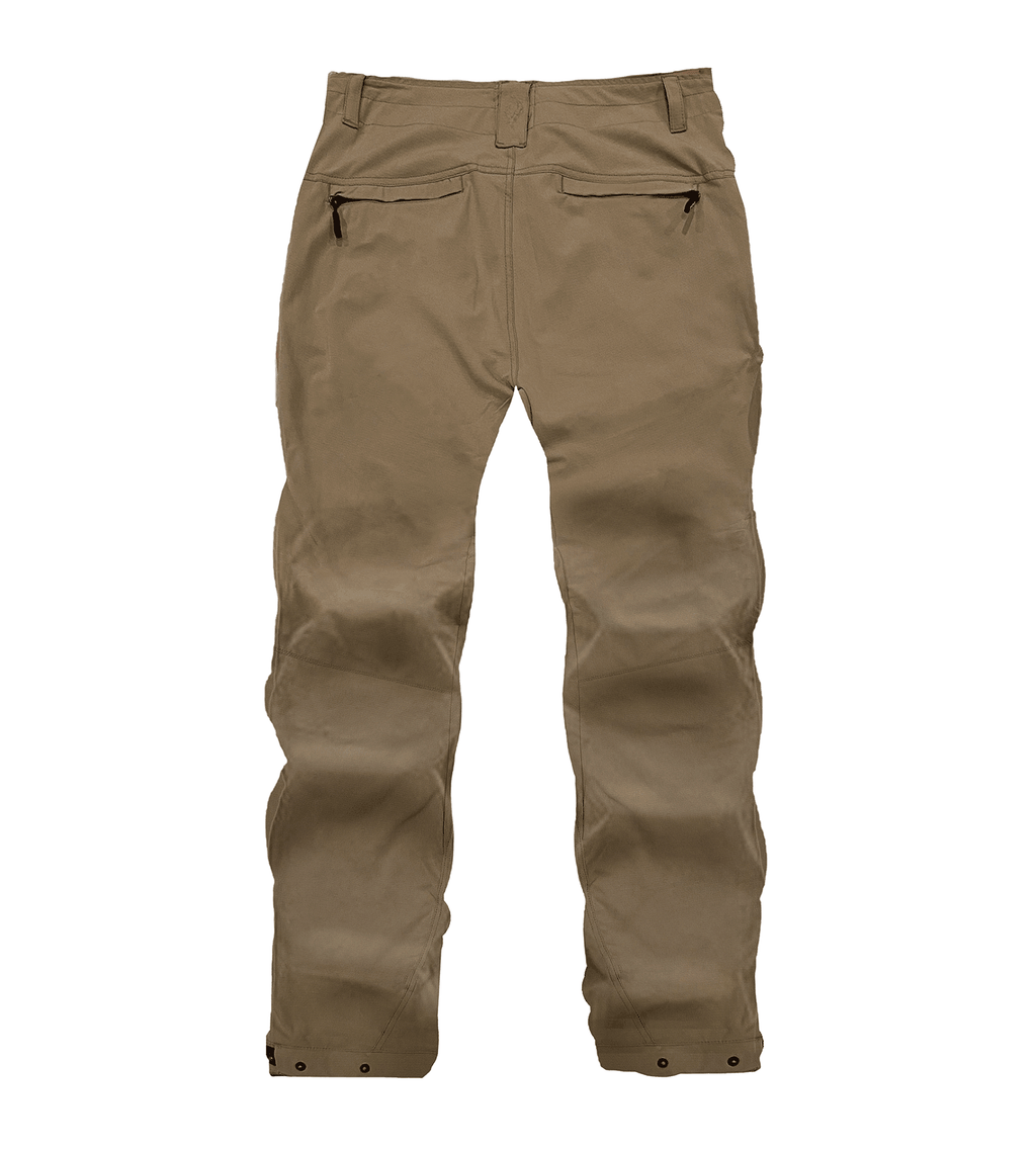 Tan hunting pants with zippered rear pockets and adjustable cuffs for outdoor use