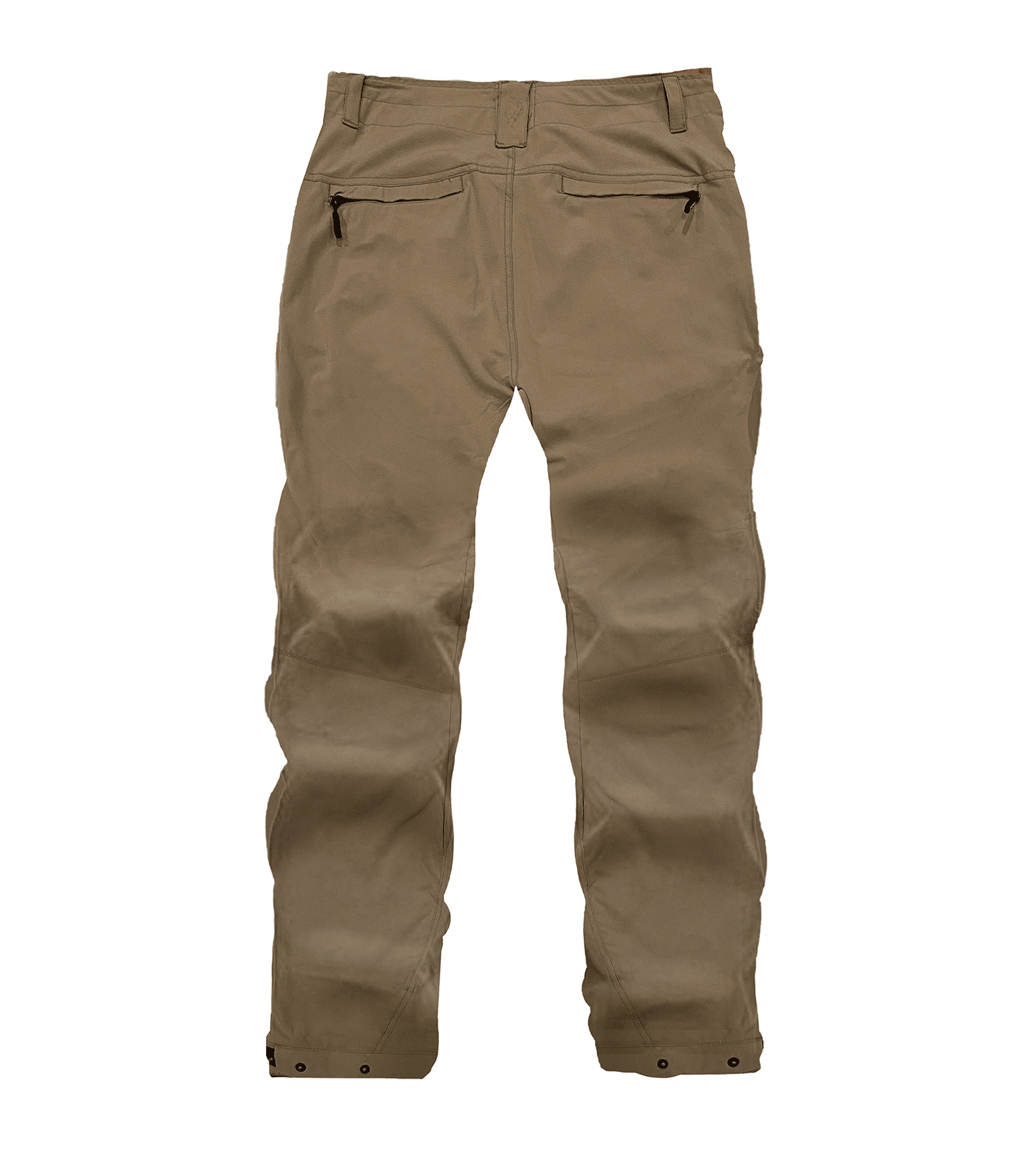 Tan hunting pants with zippered rear pockets and adjustable cuffs for outdoor use
