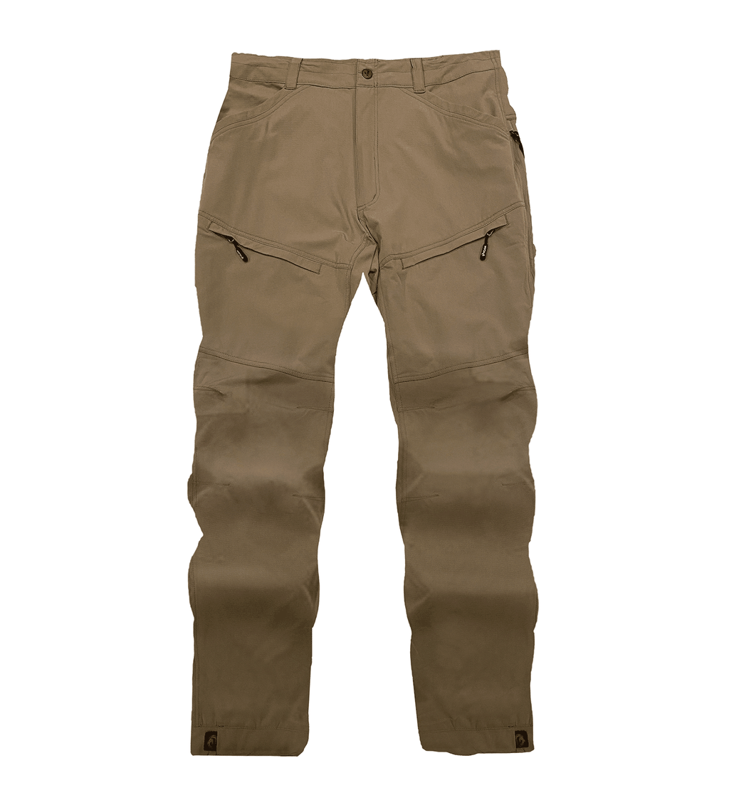 Tan tactical hunting pants with zippered cargo pockets, durable fabric for outdoor use