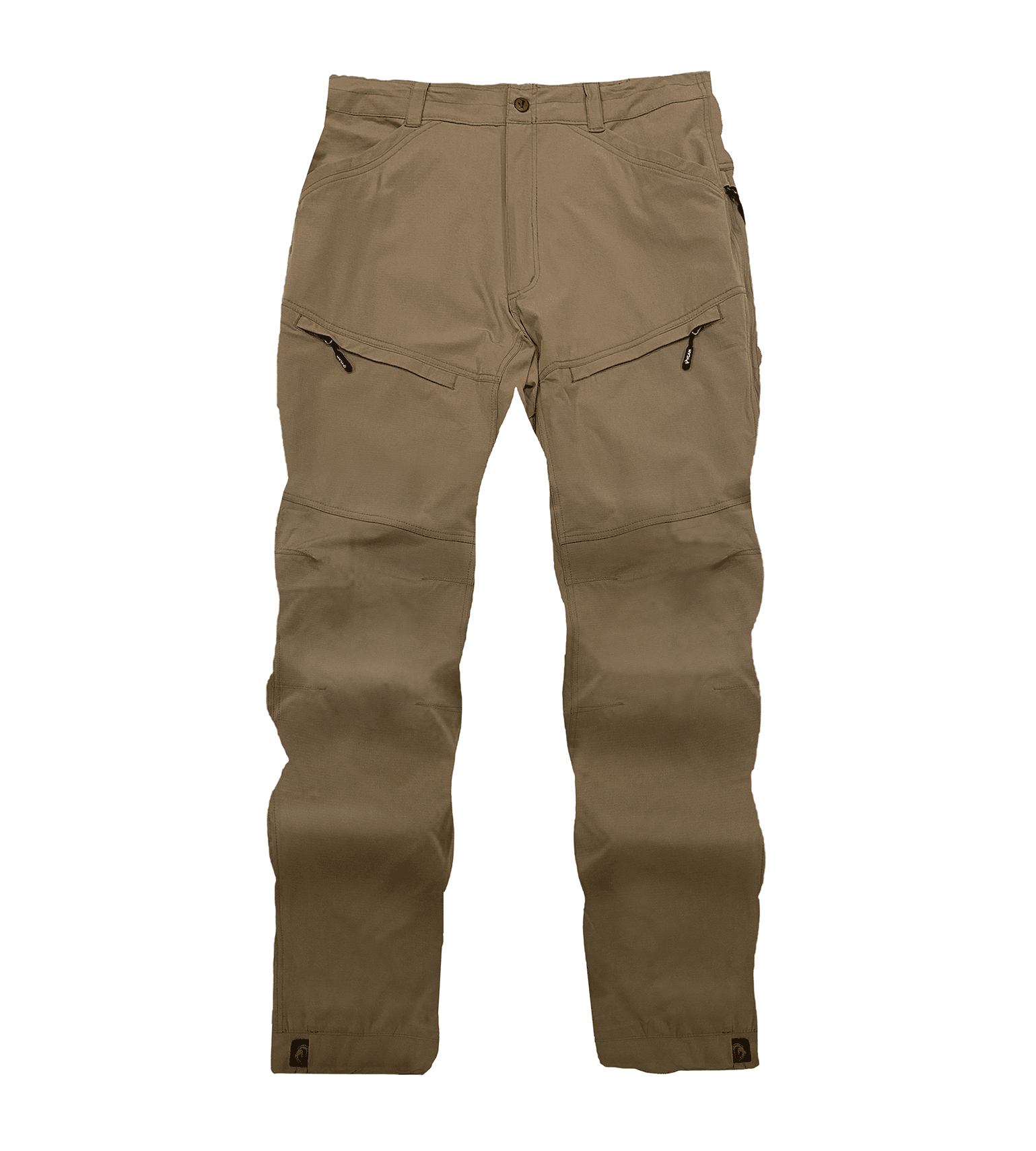 Tan tactical hunting pants with zippered cargo pockets, durable fabric for outdoor use