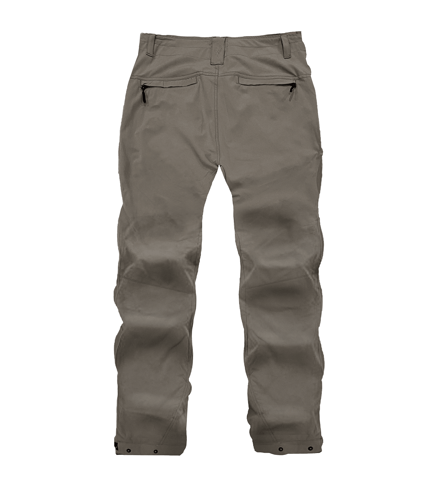 Olive green hunting pants with zippered rear pockets and adjustable cuffs for outdoor use