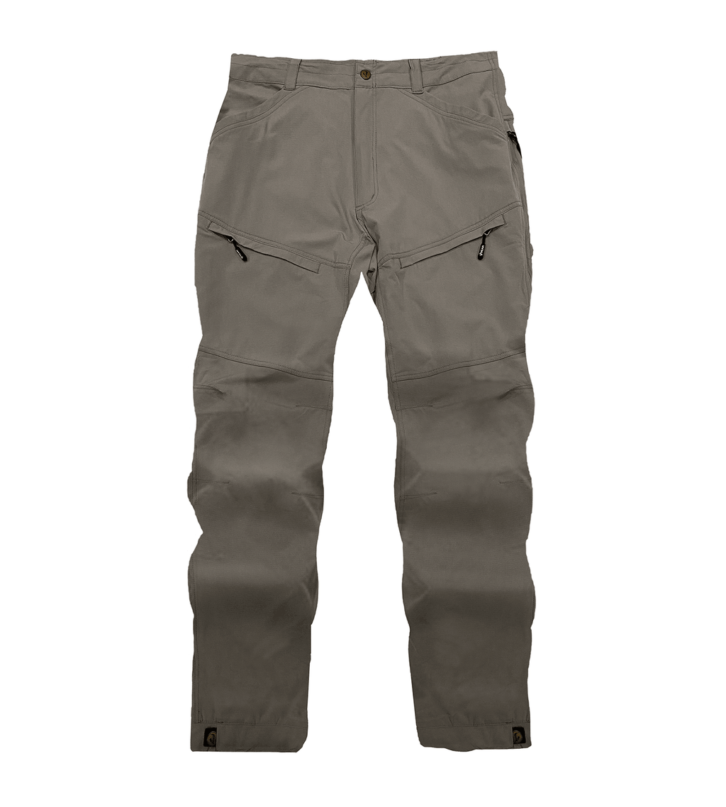 Gray tactical hunting pants with zippered pockets, durable fabric, and reinforced knees for outdoor use