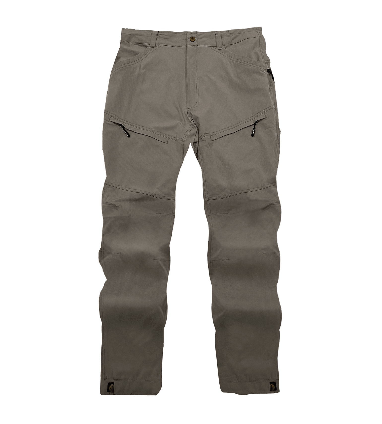 Gray tactical hunting pants with zippered pockets, durable fabric, and reinforced knees for outdoor use