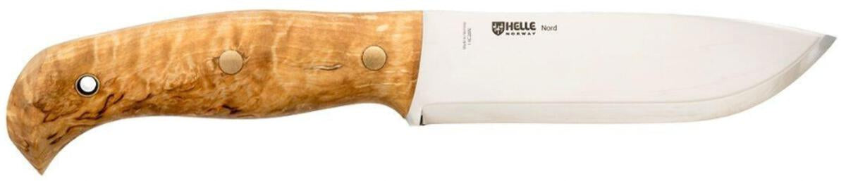 Helle Nord hunting knife with curly birch handle, stainless steel blade, ideal for outdoor and survival use