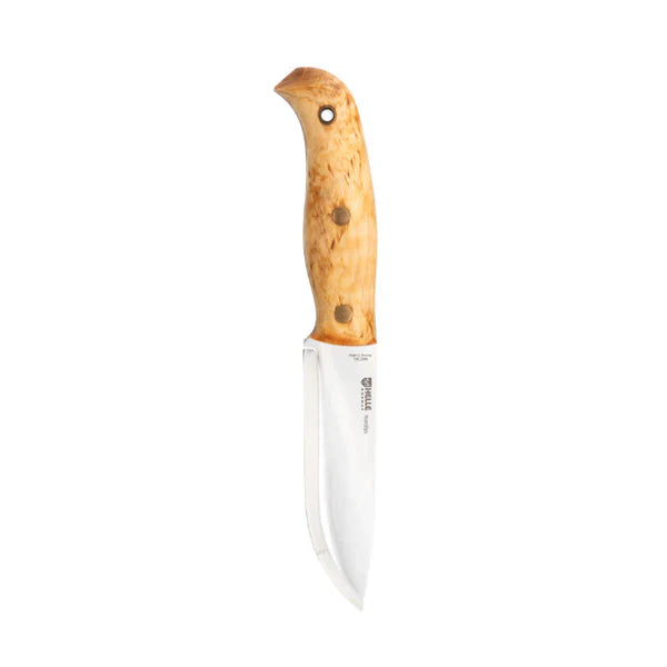 Mora hunting knife with curved blade and natural wood handle for outdoor use
