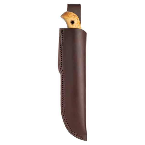Brown leather knife sheath with stitched edge, holding wooden-handled hunting knife