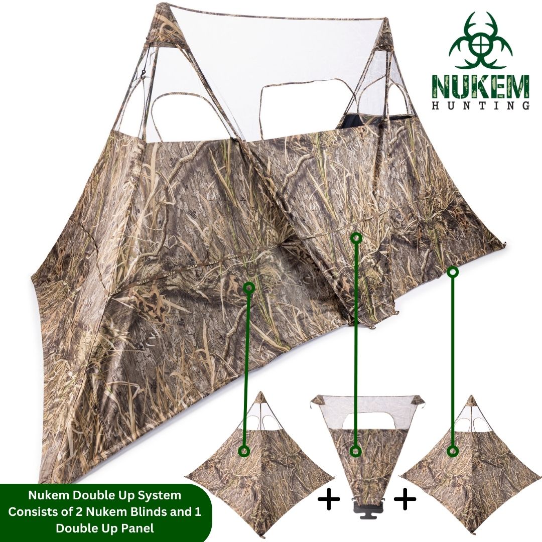 Nukem Double Up hunting blind system with camo pattern, includes two blinds and one double up panel for concealment
