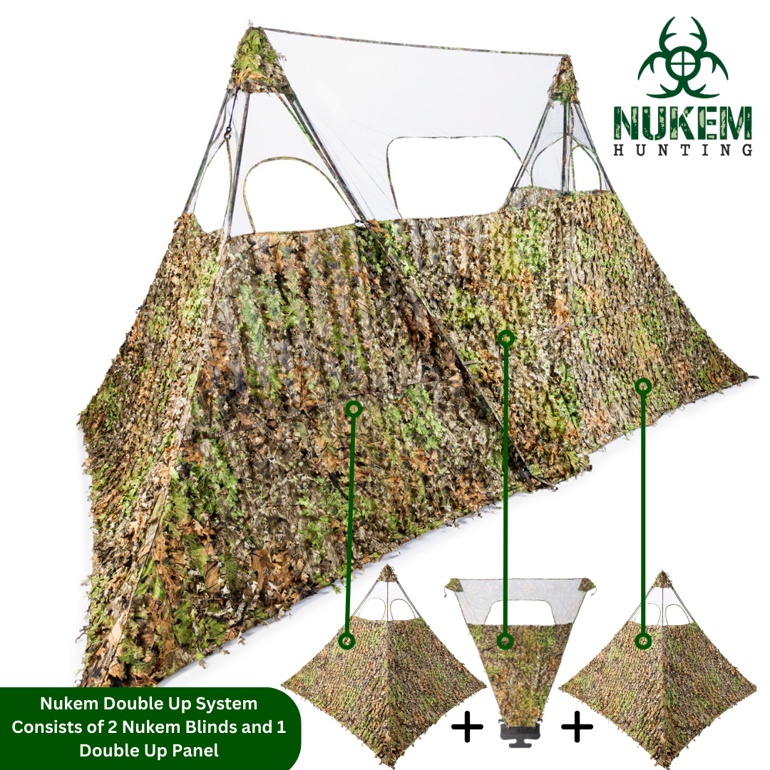 Nukem Double Up hunting blind system with leafy camouflage pattern for concealment in woodland settings
