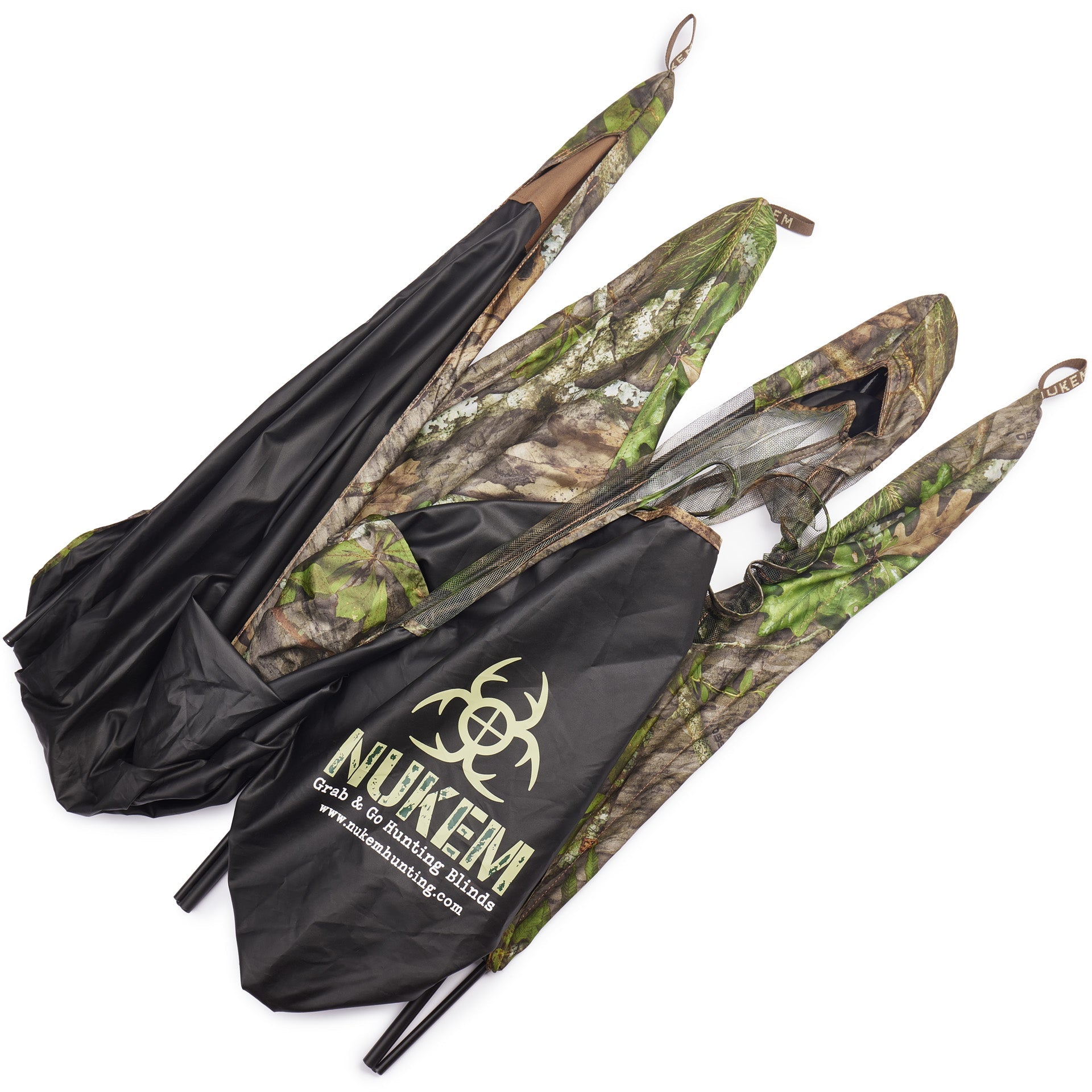 NUKEM Grab & Go Hunting Blind in leafy camo pattern with mesh windows and carry bag for portable deer hunting setup