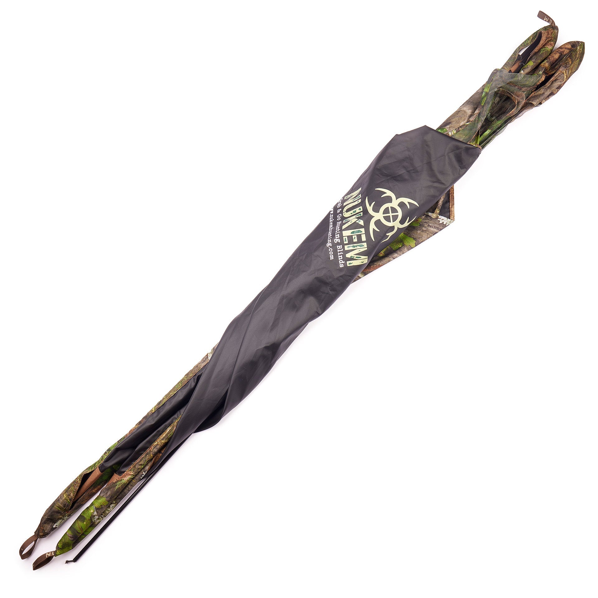 Nukeem Grab & Go Hunting Blind in woodland camo pattern, compact portable design for deer hunting