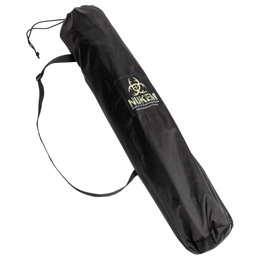 Black Nukem hunting blind carry bag with shoulder strap and drawstring closure for outdoor gear transport