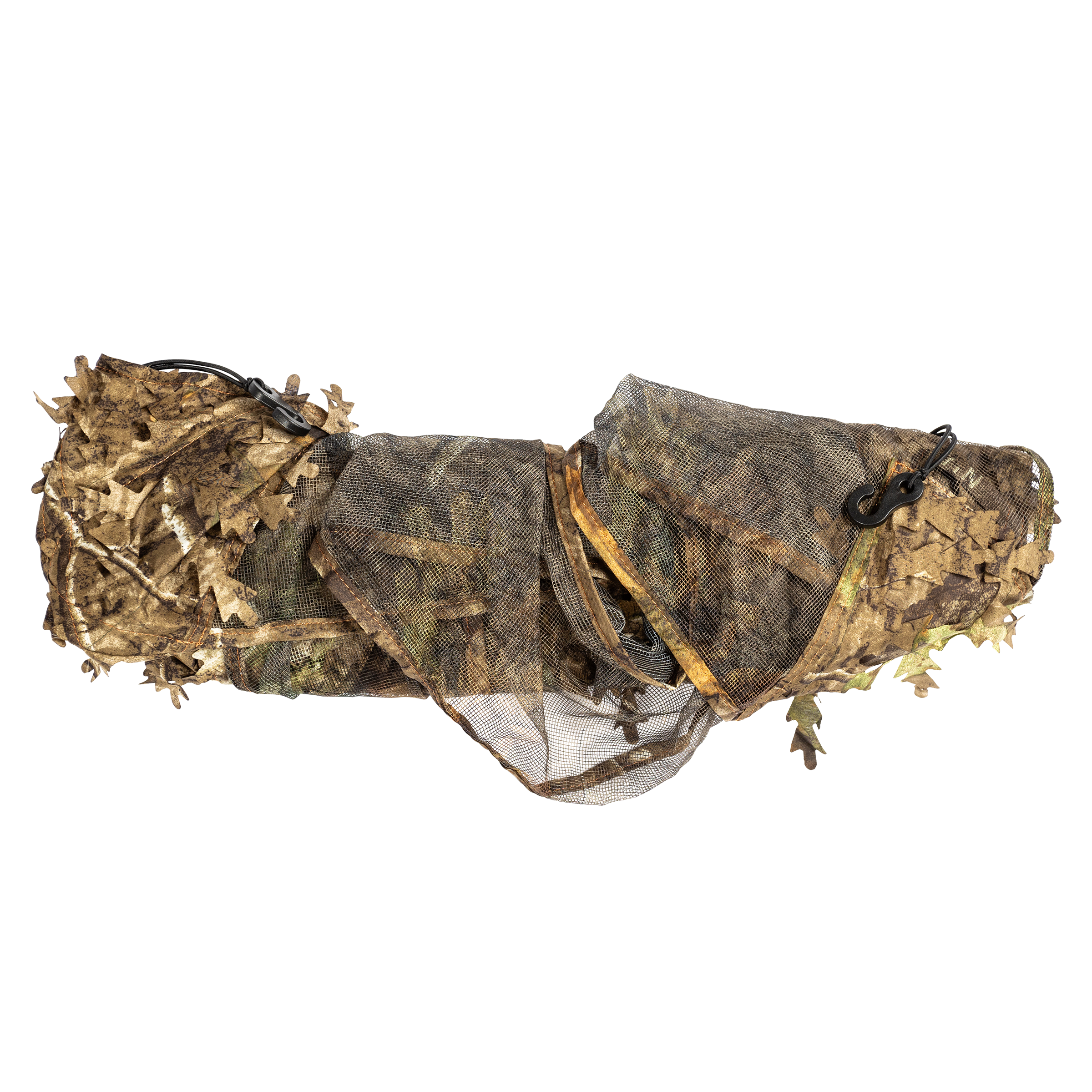 Leafy camouflage ghillie suit for hunting, blending with woodland terrain using 3D foliage and mesh