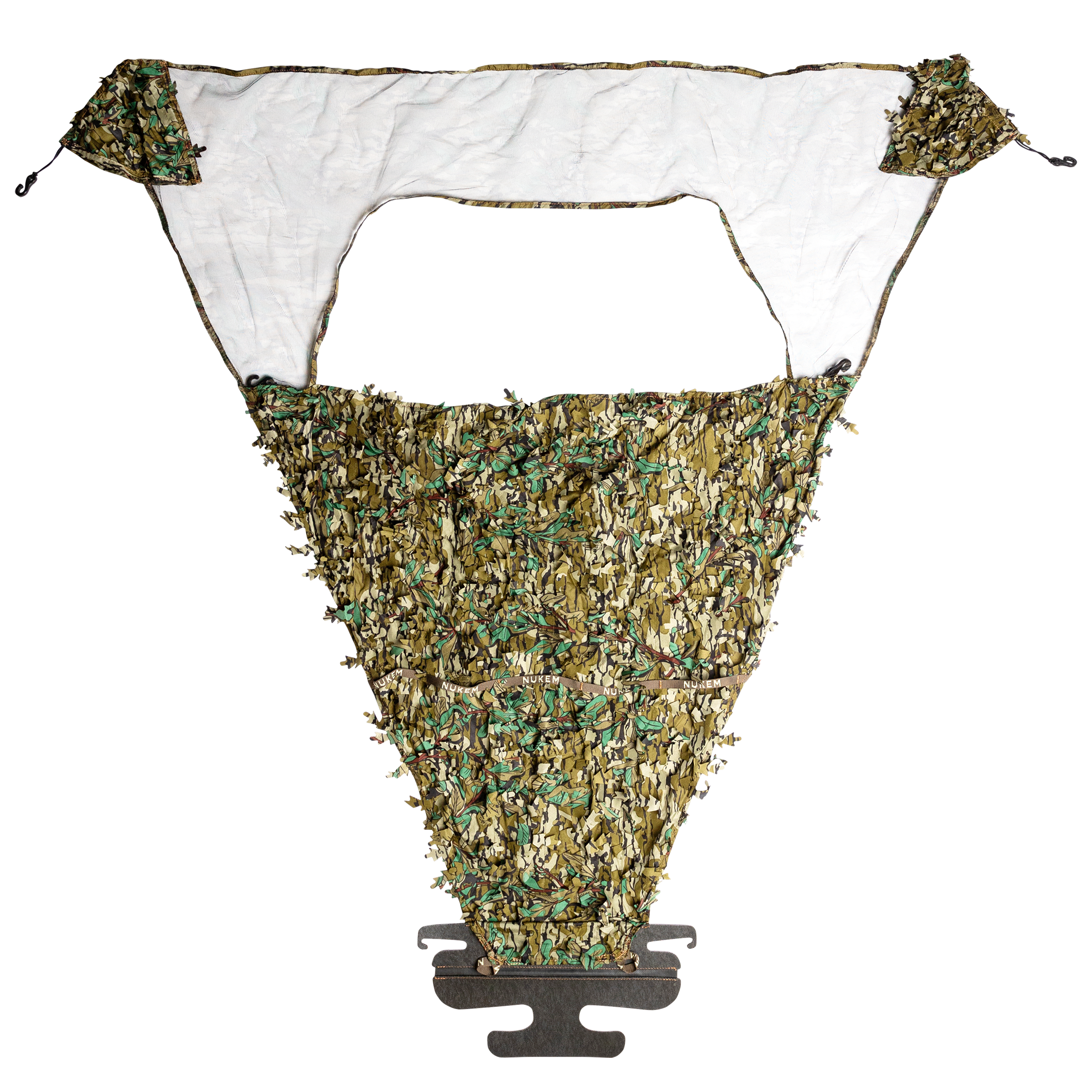 Camo hunting blind mesh with leafy pattern for concealment in outdoor settings