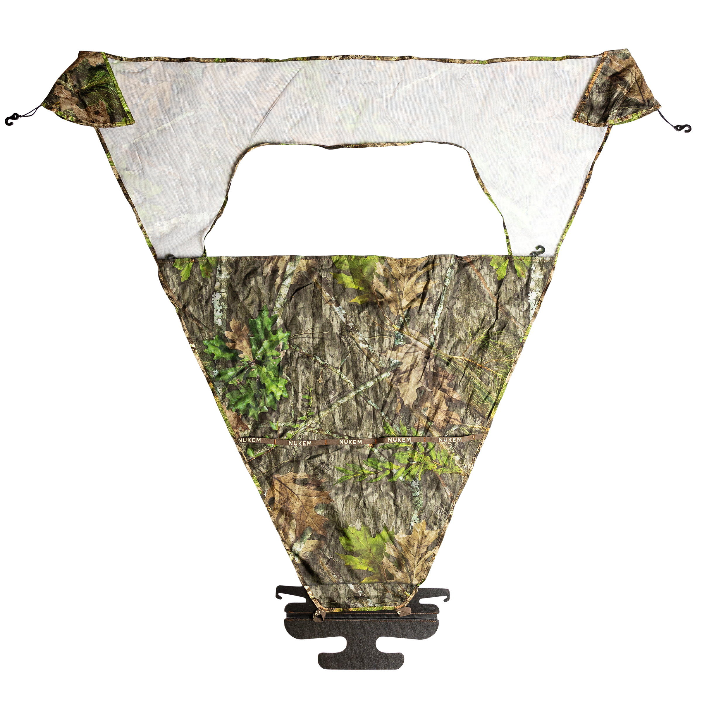 Nukem camo hunting blind window with mesh panel and tree bark pattern for concealment in woods