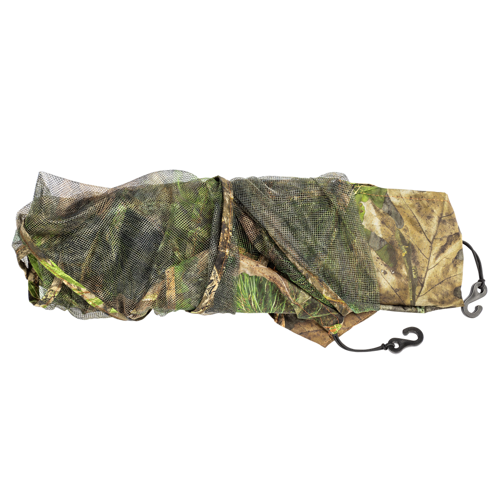 Camo hunting blind net with leaf pattern, mesh design, and hooks for outdoor concealment