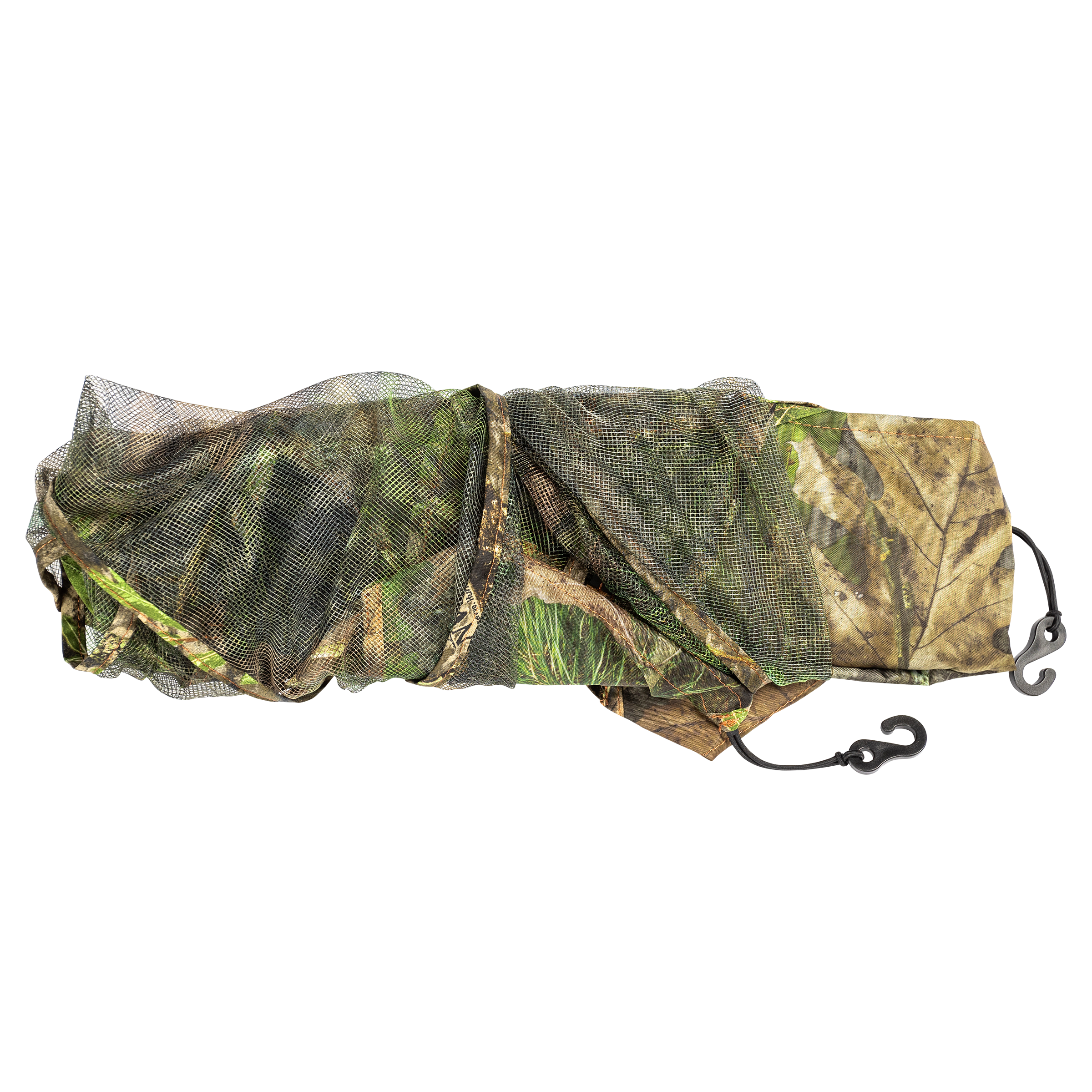 Camo hunting blind net with leaf pattern, mesh design, and hooks for outdoor concealment