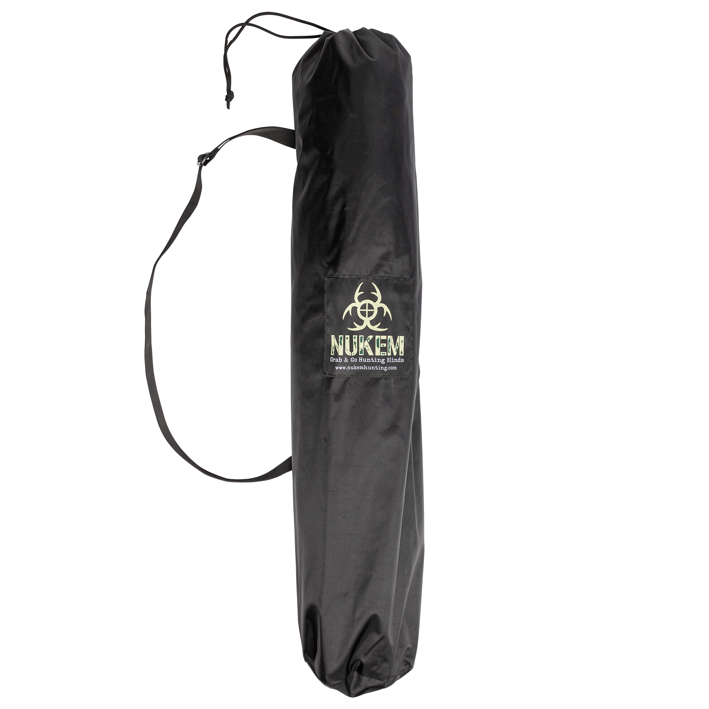 NUKEM Grab & Go Hunting Blind carry bag with shoulder strap, black nylon storage sack for portable hunting gear