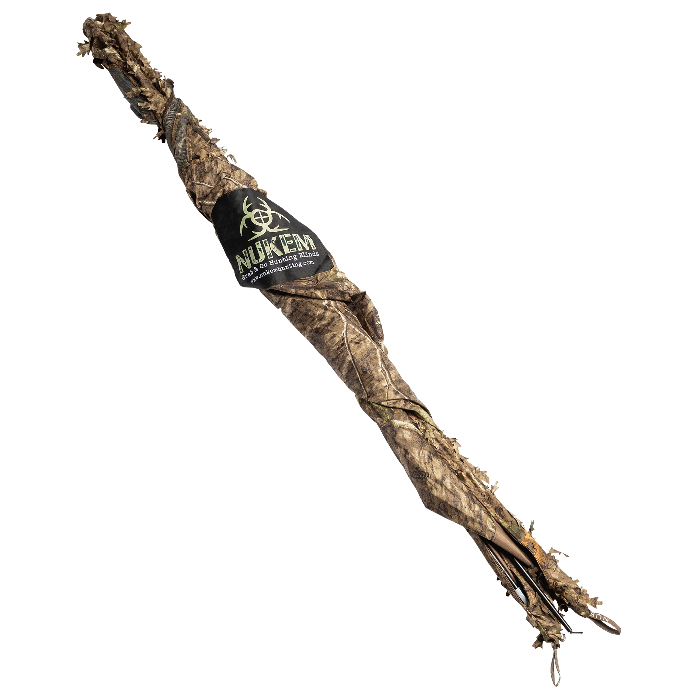 Nukem Grab & Go Hunting Blind in leafy camo pattern, portable and compact for outdoor hunting use
