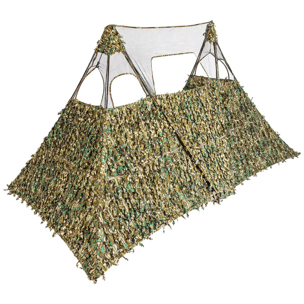 Camo hunting blind with leafy 3D pattern for concealment in woodland environments