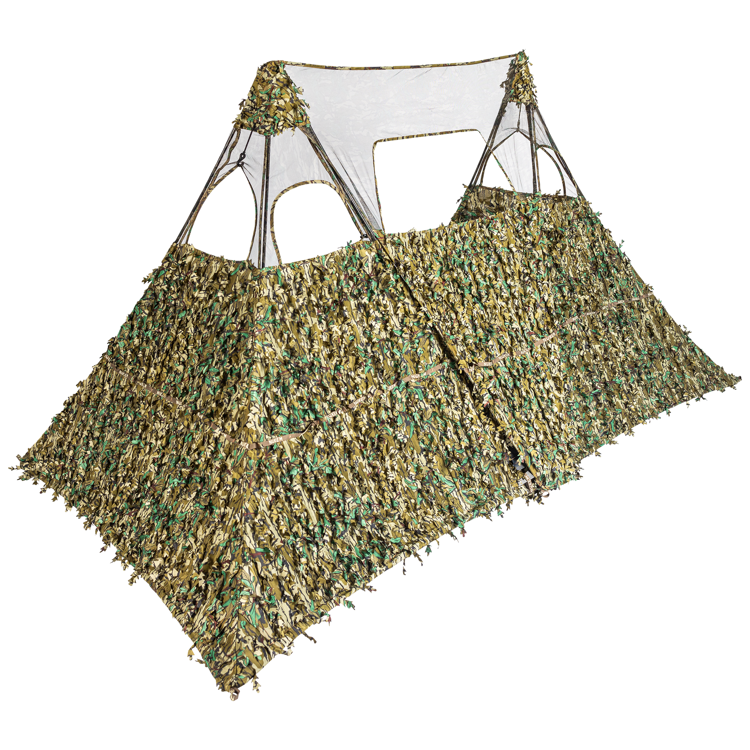 Camo hunting blind with leafy 3D pattern for concealment in woodland environments