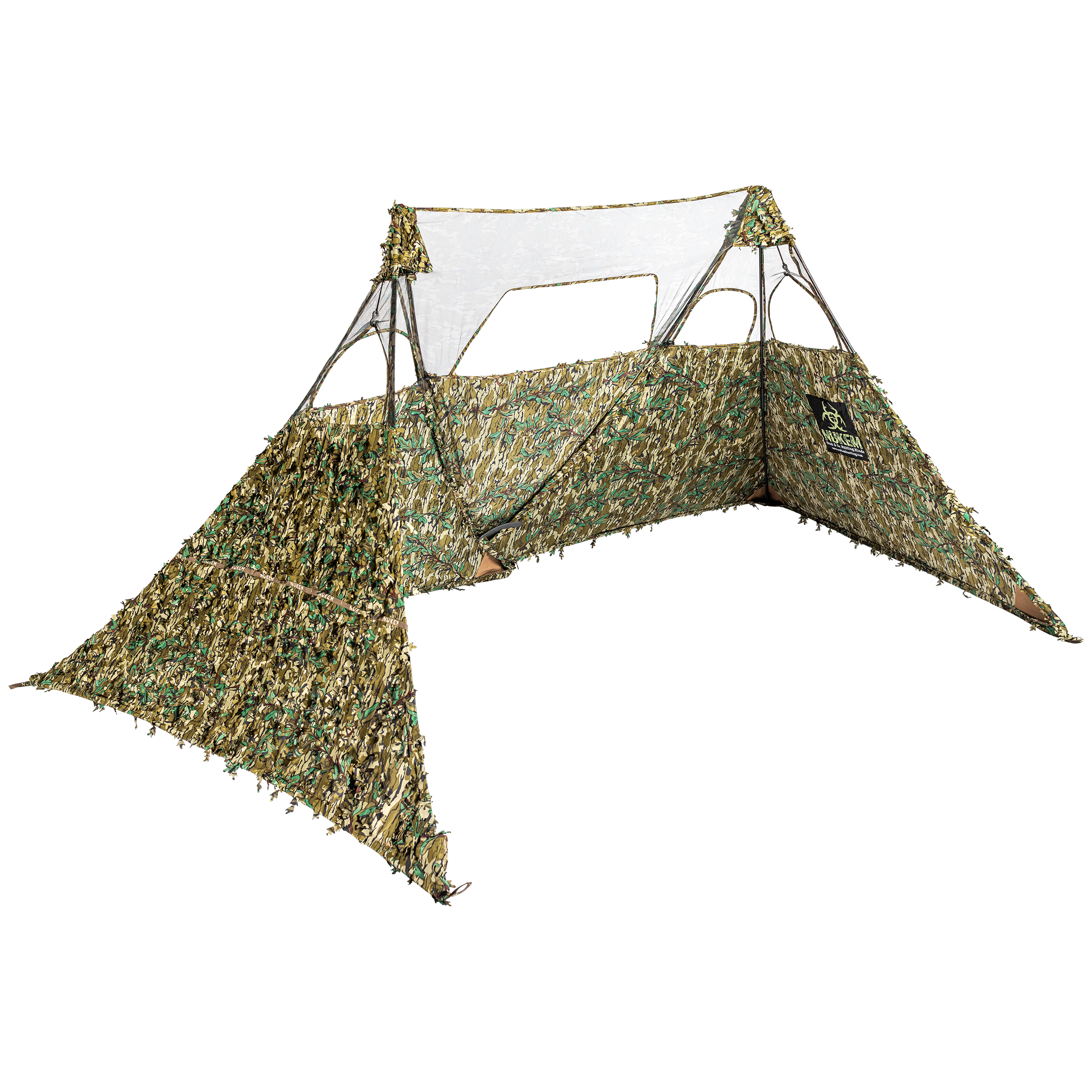 Camo hunting blind with leafy pattern and mesh windows for outdoor concealment and observation