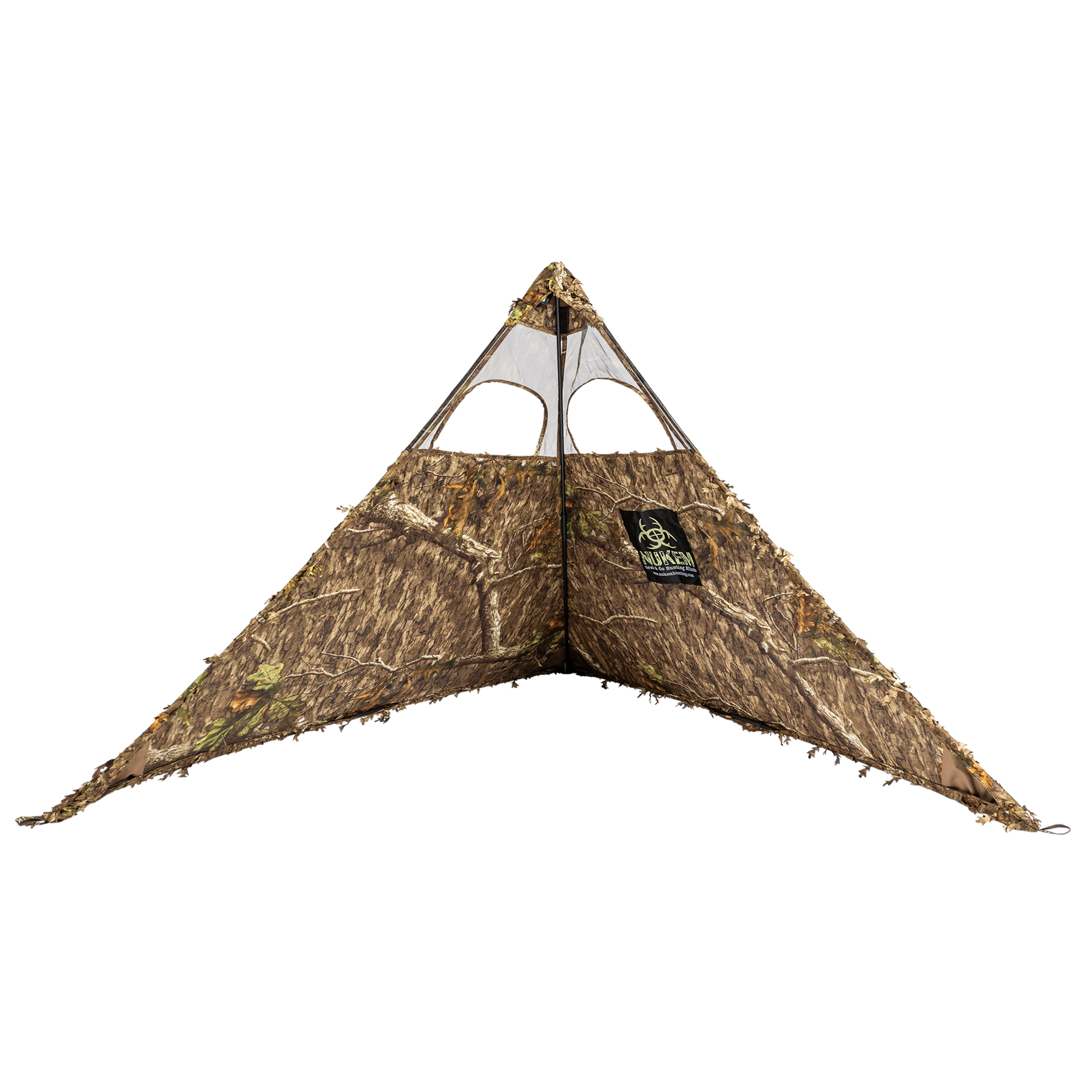 Camo hunting blind with leafy tree pattern, mesh windows, and ground-level concealment for outdoor hunting gear.