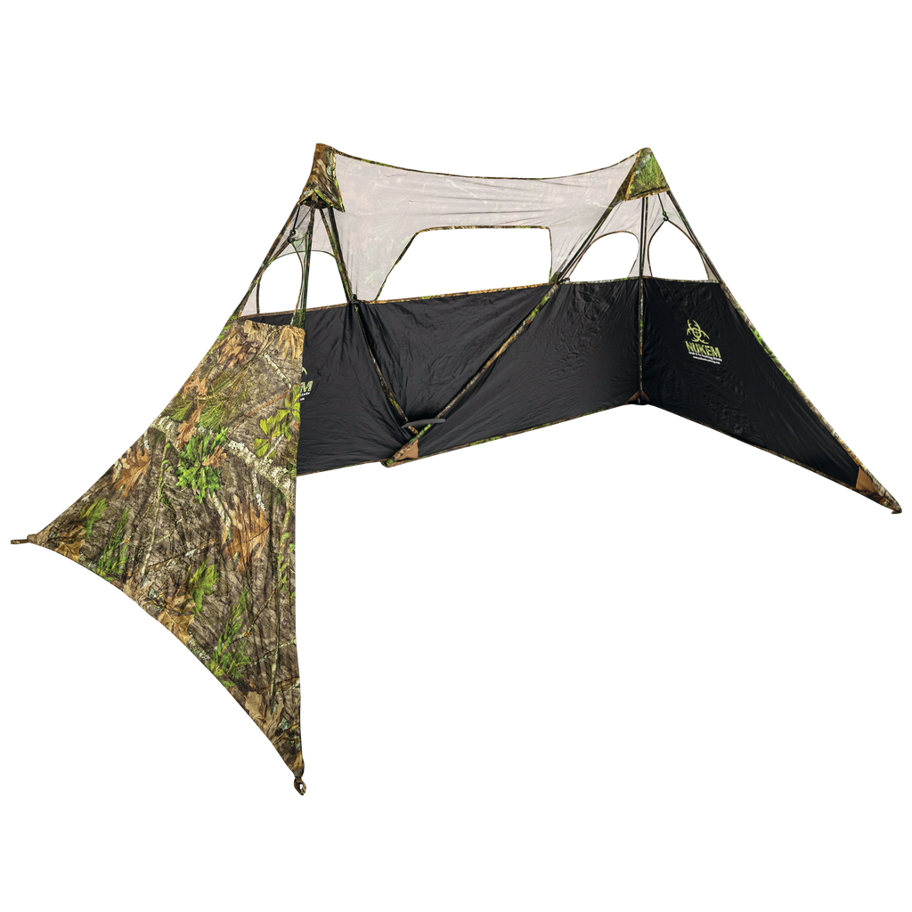 Camo hunting blind with mesh windows and black floor, ideal for outdoor concealment and wildlife observation.