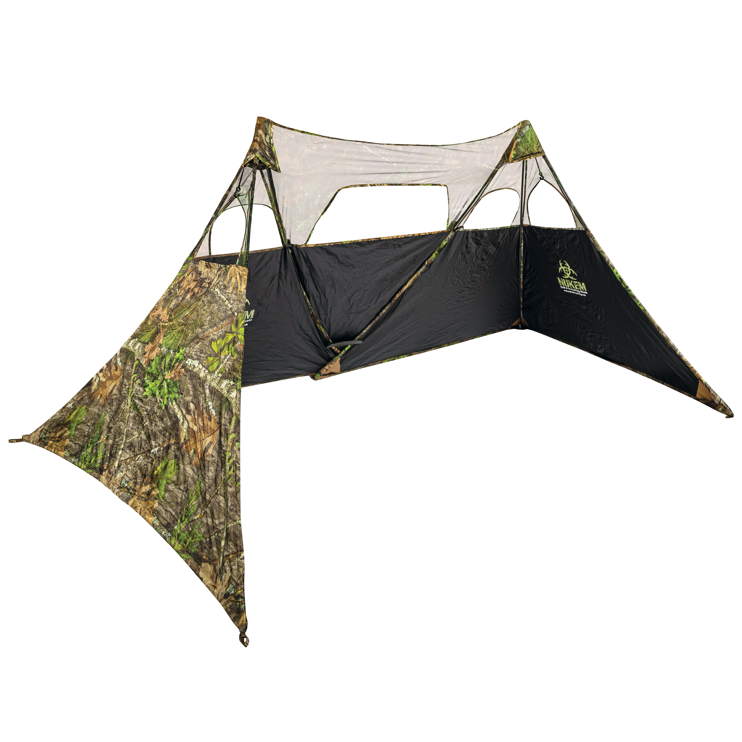 Camo hunting blind with mesh windows and black floor, ideal for outdoor concealment and wildlife observation.
