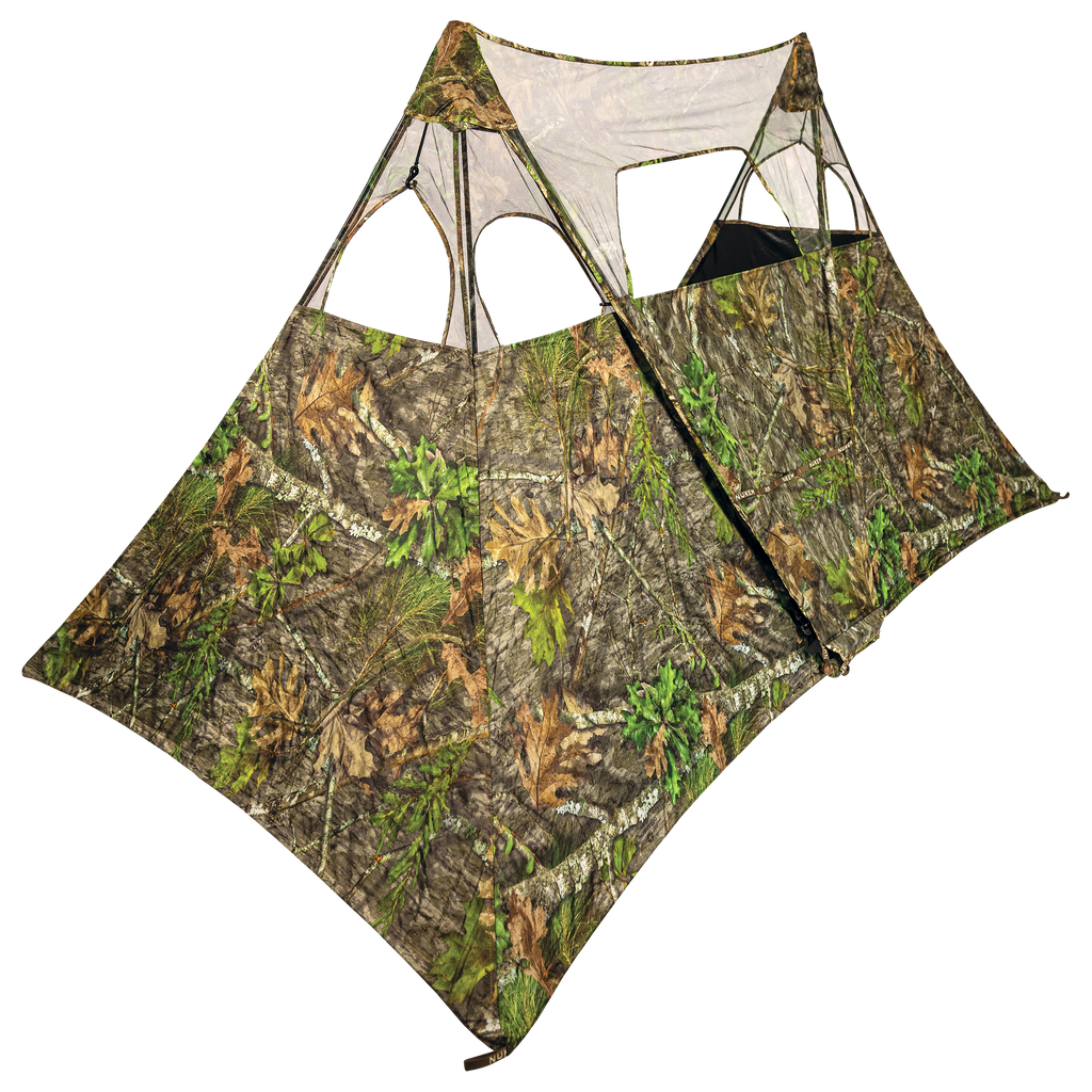 Mossy Oak camouflage hunting blind with mesh windows for concealment and visibility in woodland settings