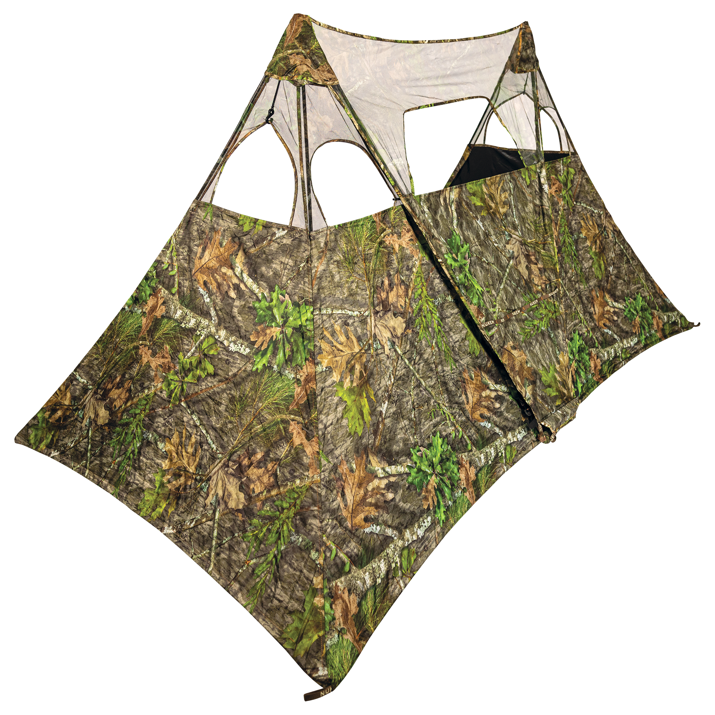 Mossy Oak camouflage hunting blind with mesh windows for concealment and visibility in woodland settings