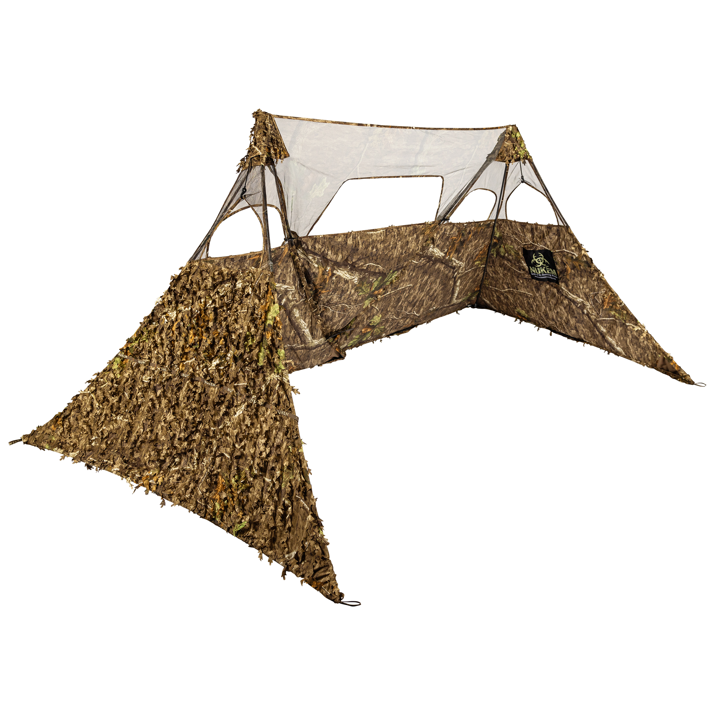 Camouflage hunting blind with leafy 3D pattern and mesh windows for concealment in woods