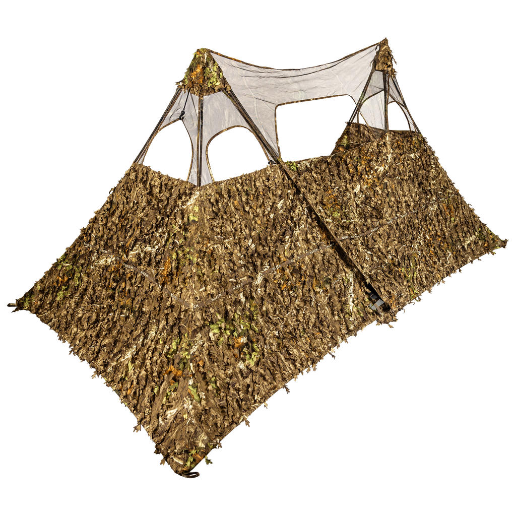 Leafy camo hunting blind with mesh windows for concealment in woodland settings