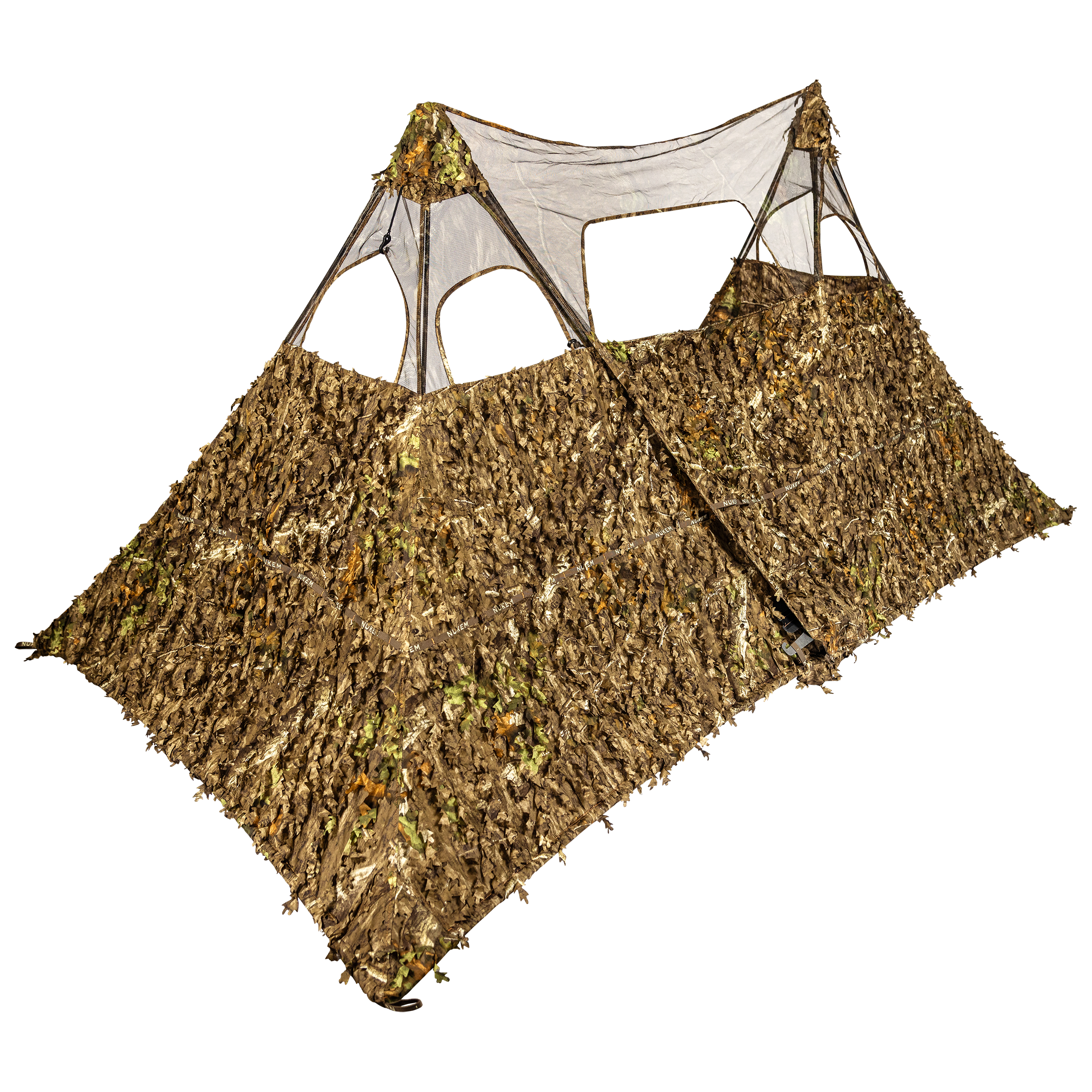 Leafy camo hunting blind with mesh windows for concealment in woodland settings