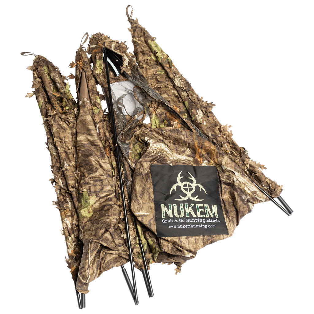 NUKEM Grab & Go Hunting Blind with leafy camouflage pattern and portable frame for deer hunting
