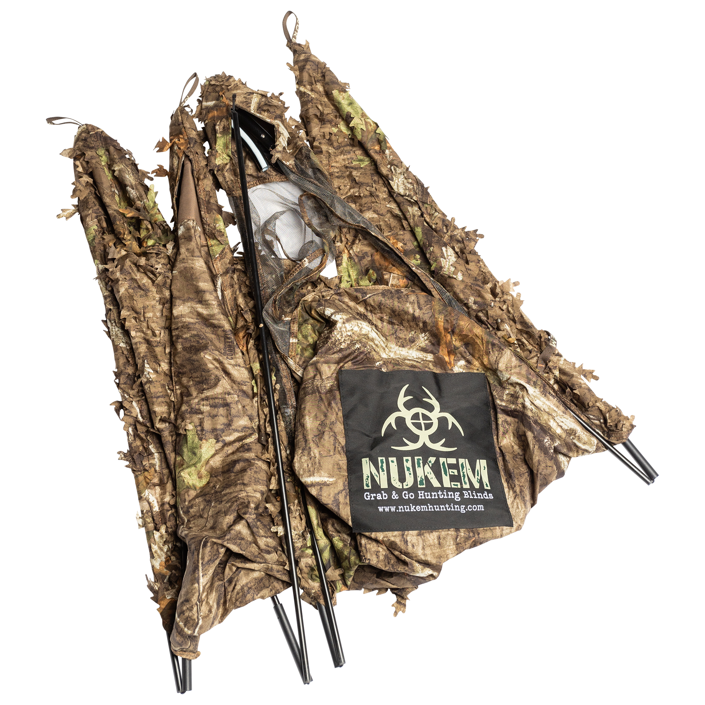 NUKEM Grab & Go Hunting Blind with leafy camouflage pattern and portable frame for deer hunting