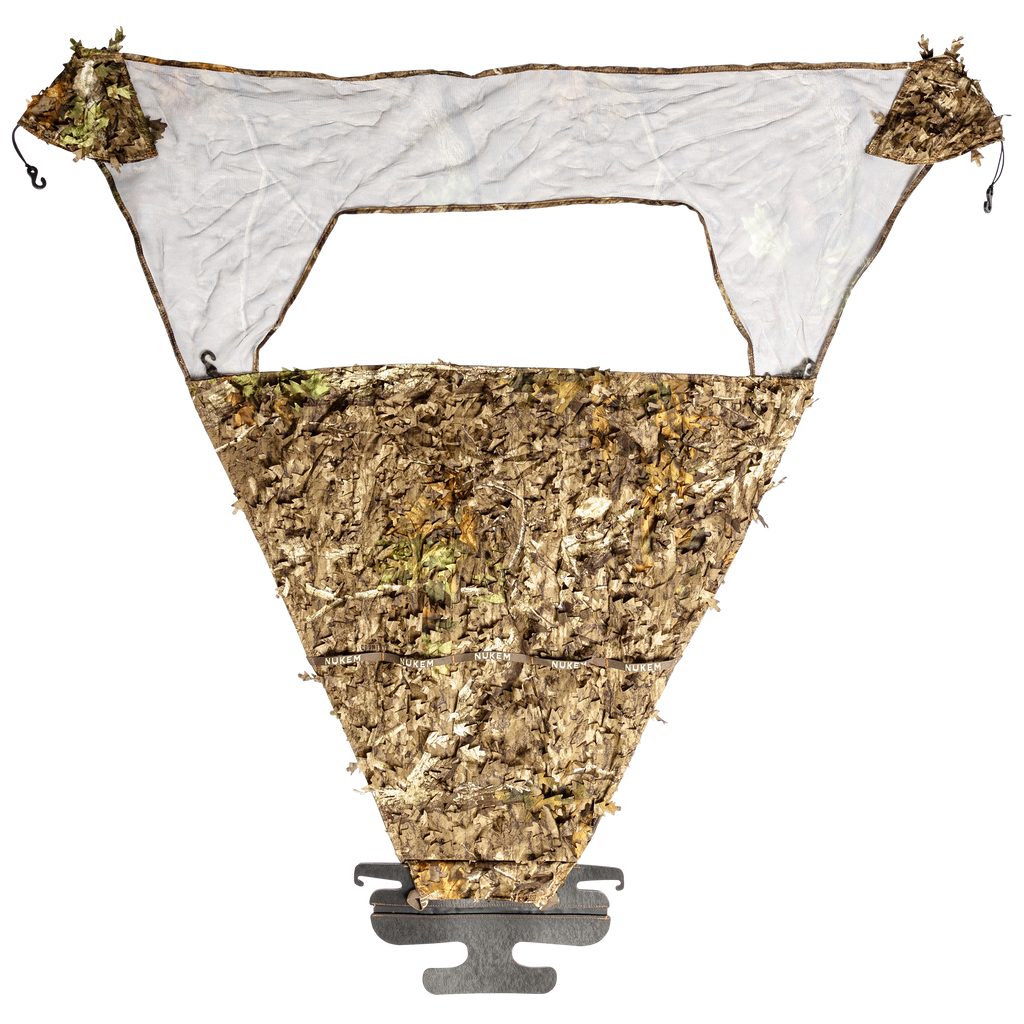 Nukem camouflage hunting blind with leafy 3D pattern and mesh viewing window for tree stand concealment