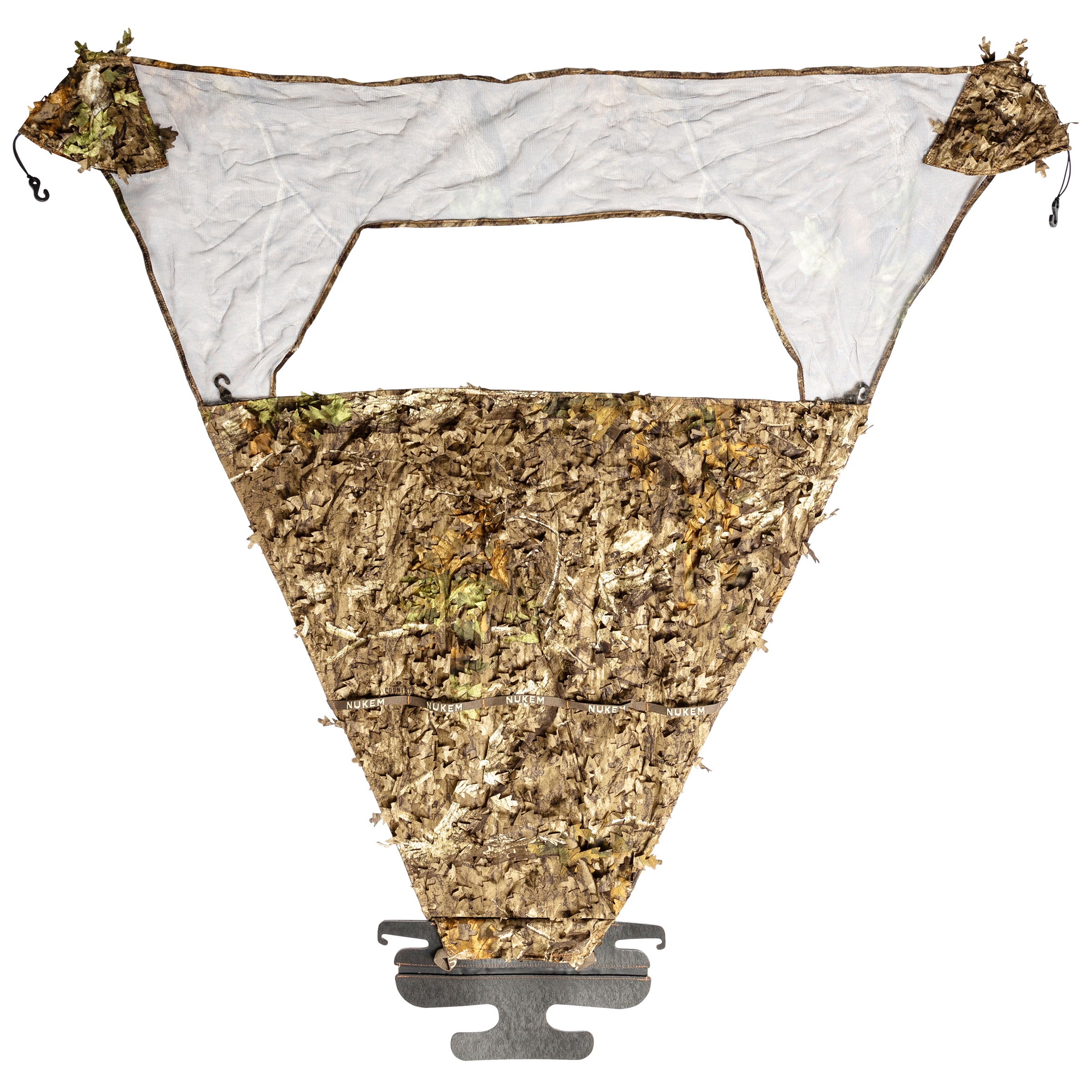 Nukem camouflage hunting blind with leafy 3D pattern and mesh viewing window for tree stand concealment