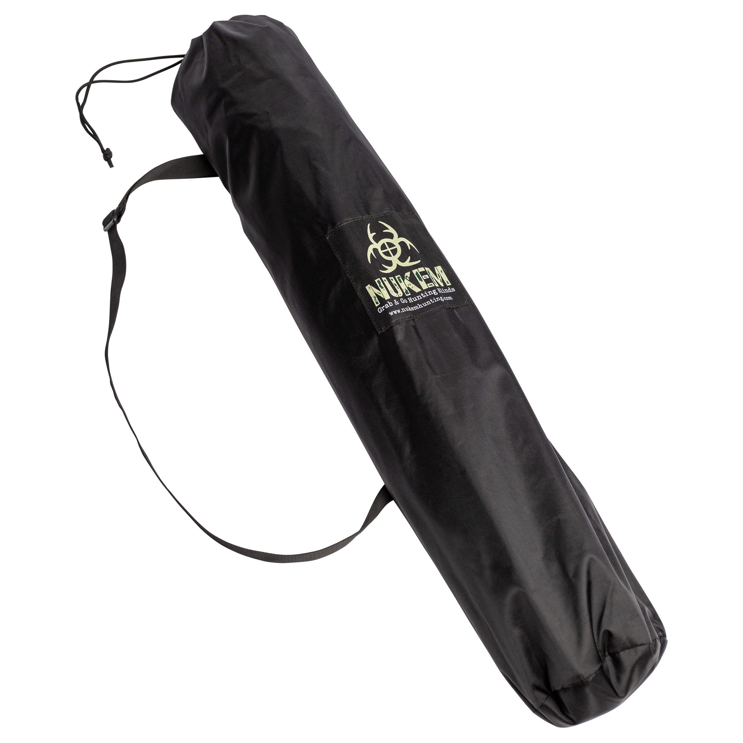 Black Nukem hunting blind carry bag with shoulder strap and drawstring closure for portable outdoor gear storage