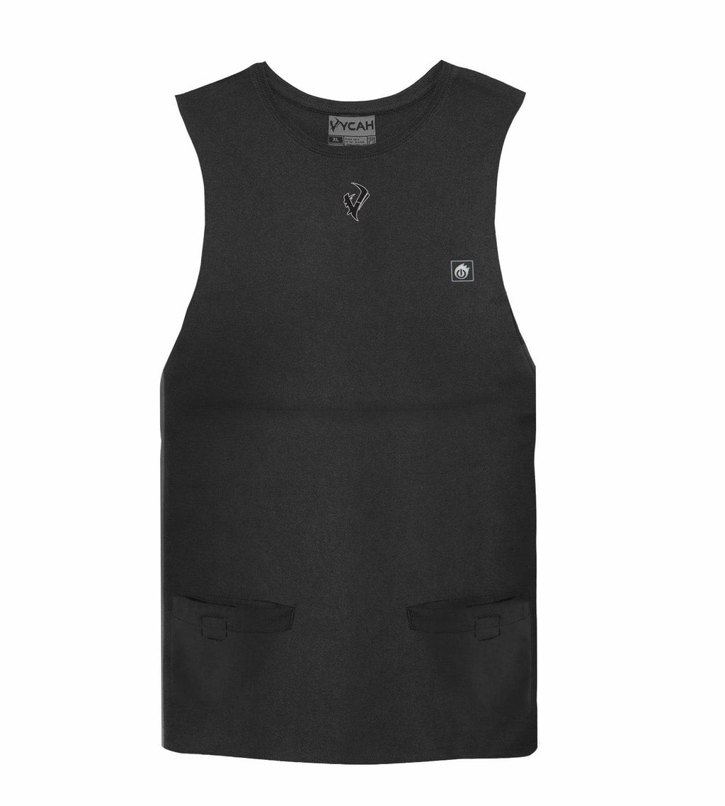 Vycah Oculus Heated Vest in black, front view with heat control button and two pockets