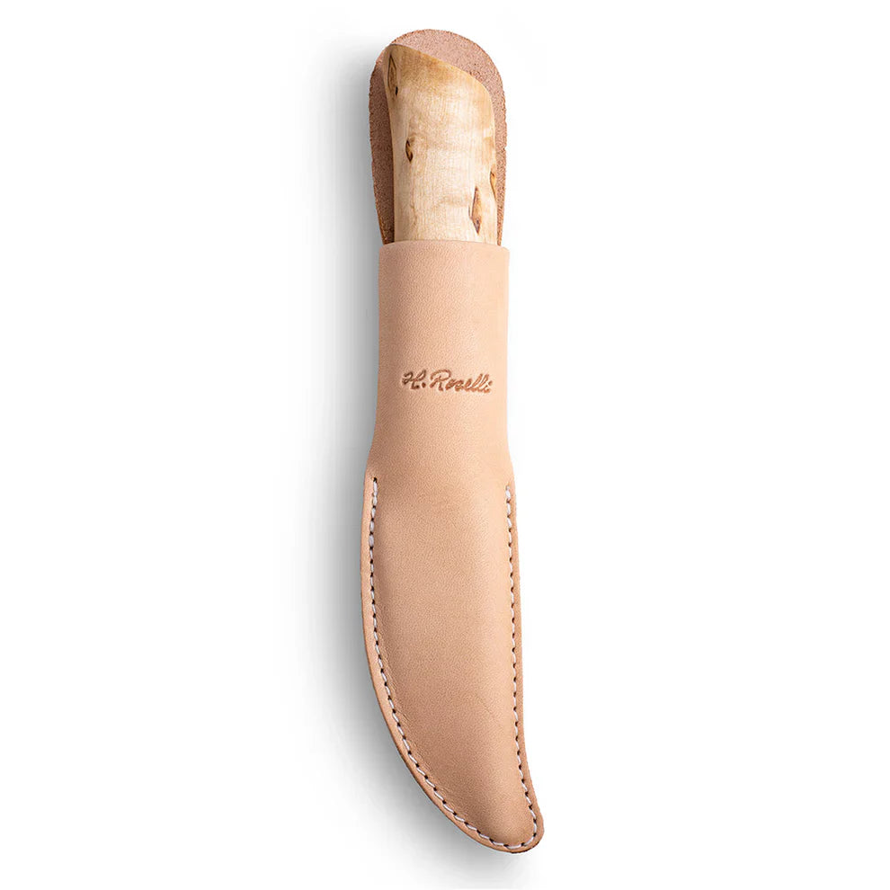 H. Roelli hunting knife with wooden handle in tan leather sheath, outdoor gear