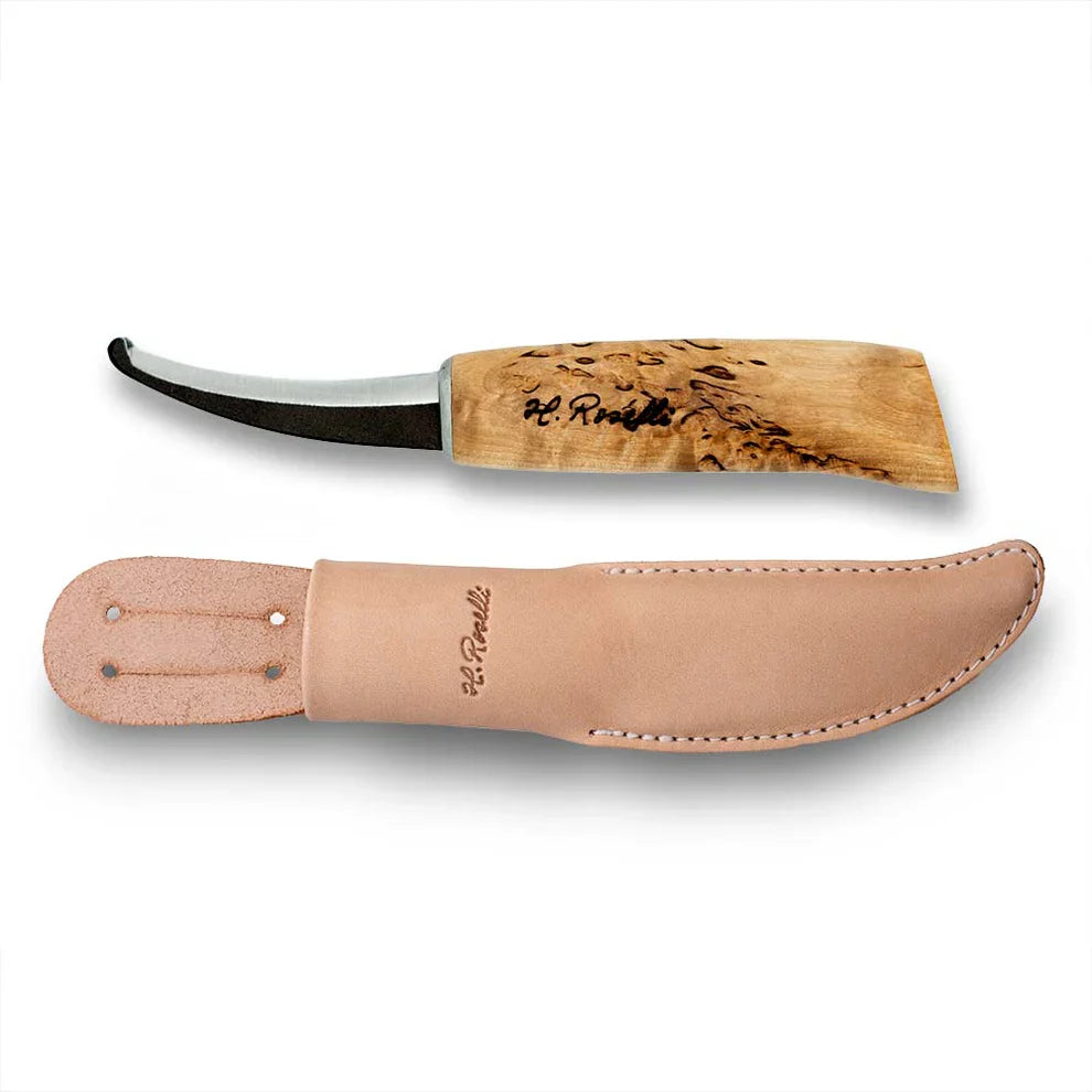 H. Roselli hunting knife with burl wood handle and leather sheath, ideal for outdoor and field use