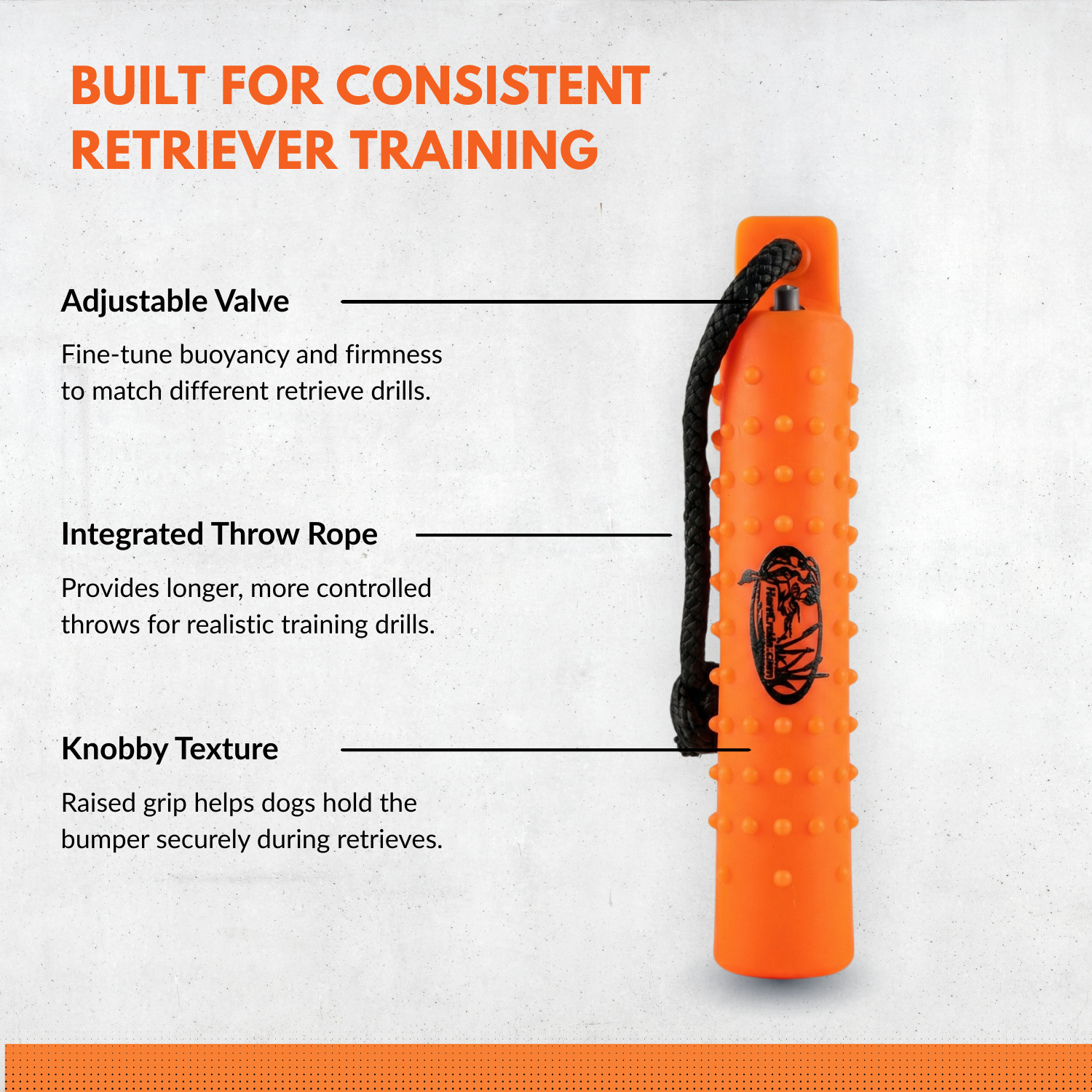 HuntEmUp Standard 2-Inch Orange Dog Training Bumpers with Throw Rope and Air Valve – 6 Pack