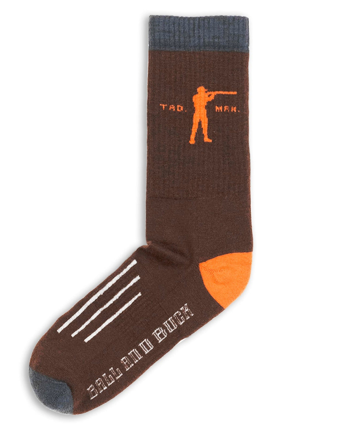 Ball and Buck Premium Merino Socks in Brown with blaze orange heel, toe and hunter graphic